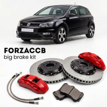 Black Volkswagen Polo GTI Mk5 6R (2010-2014) shown above a ForzaCCB iron rotor big brake kit with 2x red 6-piston front calipers, 2x two-piece floating ventilated brake discs 380 mm, set of brake pads, and brake lines.