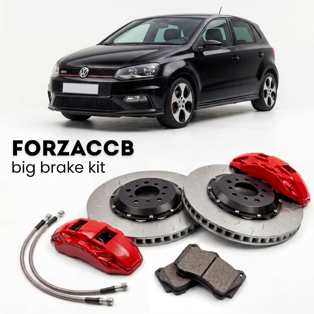 Black Volkswagen Polo GTI Mk5 6R (2010-2014) shown above a ForzaCCB iron rotor big brake kit with 2x red 6-piston front calipers, 2x two-piece floating ventilated brake discs 380 mm, set of brake pads, and brake lines.