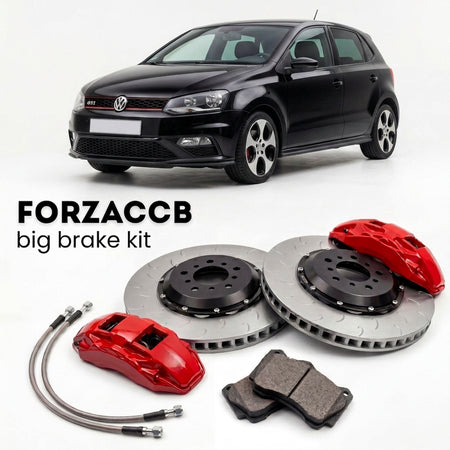 Black Volkswagen Polo GTI Mk5 6R (2010-2014) shown above a ForzaCCB iron rotor big brake kit with 2x red 6-piston front calipers, 2x two-piece floating ventilated brake discs 380 mm, set of brake pads, and brake lines.