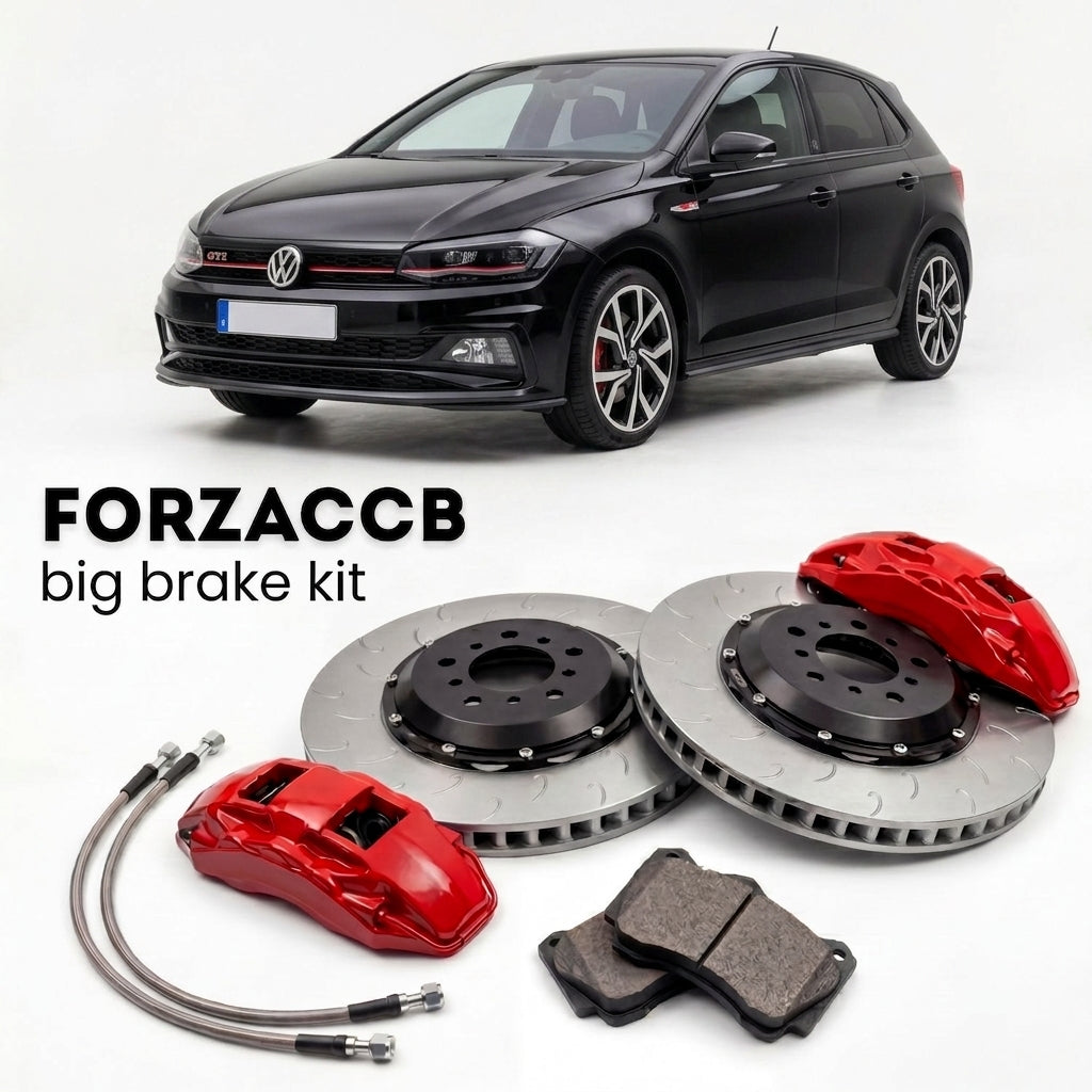 Black Volkswagen Polo GTI Mk6 AW/BZ (2017+) shown above a ForzaCCB iron rotor big brake kit with 2x red 6-piston front calipers, 2x two-piece floating ventilated brake discs 380 mm, set of brake pads, and brake lines.