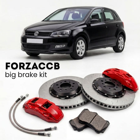 Black Volkswagen Polo Mk5 6R/6C (2010-2017) shown above a ForzaCCB iron rotor big brake kit with 2x red 6-piston front calipers, 2x two-piece floating ventilated brake discs 380 mm, set of brake pads, and brake lines.