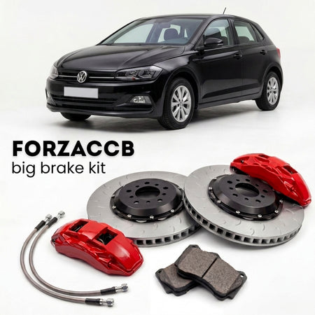 Black Volkswagen Polo Mk6 AW/BZ (2017+) shown above a ForzaCCB iron rotor big brake kit with 2x red 6-piston front calipers, 2x two-piece floating ventilated brake discs 380 mm, set of brake pads, and brake lines.