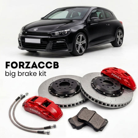 Black Volkswagen Scirocco R Typ 137 (2009-2017) shown above a ForzaCCB iron rotor big brake kit with 2x red 6-piston front calipers, 2x two-piece floating ventilated brake discs 380 mm, set of brake pads, and brake lines.