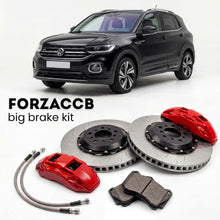 Black Volkswagen T-Cross C11 (2018+) shown above a ForzaCCB iron rotor big brake kit with 2x red 6-piston front calipers, 2x two-piece floating ventilated brake discs 380 mm, set of brake pads, and brake lines.