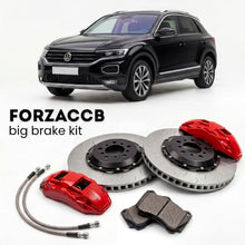 Black Volkswagen T-Roc A11 (2017+) shown above a ForzaCCB iron rotor big brake kit with 2x red 6-piston front calipers, 2x two-piece floating ventilated brake discs 380 mm, set of brake pads, and brake lines.