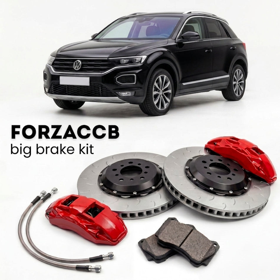 Black Volkswagen T-Roc A11 (2017+) shown above a ForzaCCB iron rotor big brake kit with 2x red 6-piston front calipers, 2x two-piece floating ventilated brake discs 380 mm, set of brake pads, and brake lines.