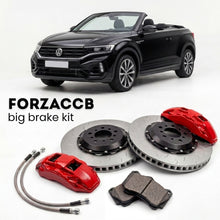 Black Volkswagen T-Roc Cabriolet A11 (2020+) shown above a ForzaCCB iron rotor big brake kit with 2x red 6-piston front calipers, 2x two-piece floating ventilated brake discs 380 mm, set of brake pads, and brake lines.