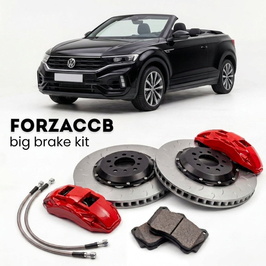 Black Volkswagen T-Roc Cabriolet A11 (2020+) shown above a ForzaCCB iron rotor big brake kit with 2x red 6-piston front calipers, 2x two-piece floating ventilated brake discs 380 mm, set of brake pads, and brake lines.