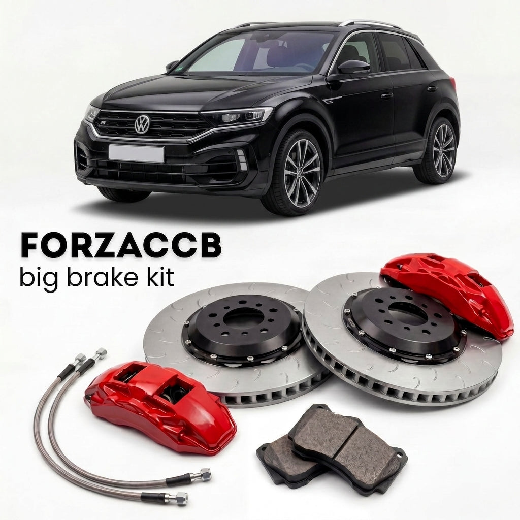 Black Volkswagen T-Roc R A11 (2019+) shown above a ForzaCCB iron rotor big brake kit with 2x red 6-piston front calipers, 2x two-piece floating ventilated brake discs 380 mm, set of brake pads, and brake lines.