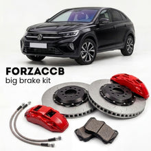 Black Volkswagen Taigo CS (2021+) shown above a ForzaCCB iron rotor big brake kit with 2x red 6-piston front calipers, 2x two-piece floating ventilated brake discs 380 mm, set of brake pads, and brake lines.