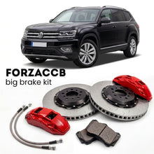 Black Volkswagen Teramont CA1 (2017+) shown above a ForzaCCB iron rotor big brake kit with 2x red 6-piston front calipers, 2x two-piece floating ventilated brake discs 380 mm, set of brake pads, and brake lines.