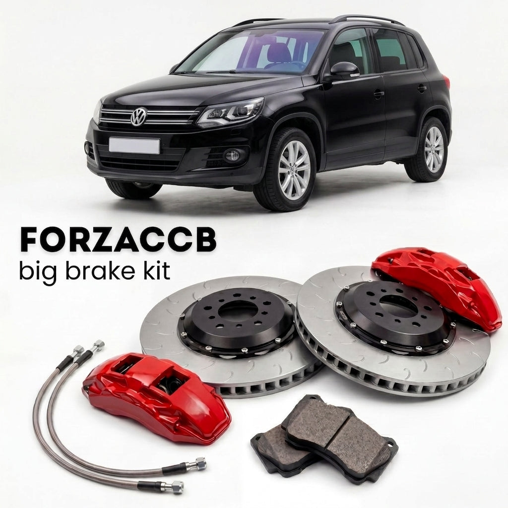 Black Volkswagen Tiguan 5N (2010-2016) shown above a ForzaCCB iron rotor big brake kit with 2x red 6-piston front calipers, 2x two-piece floating ventilated brake discs 380 mm, set of brake pads, and brake lines.