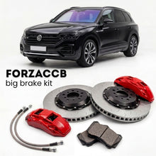 Black Volkswagen Touareg R CR (2020+) shown above a ForzaCCB iron rotor big brake kit with 2x red 6-piston front calipers, 2x two-piece floating ventilated brake discs 380 mm, set of brake pads, and brake lines.