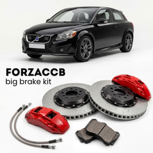 Black Volvo C30 facelift 2010 (2010-2013) shown above a ForzaCCB iron rotor big brake kit with 2x red 6-piston front calipers, 2x two-piece floating ventilated brake discs 380 mm, set of brake pads, and brake lines.