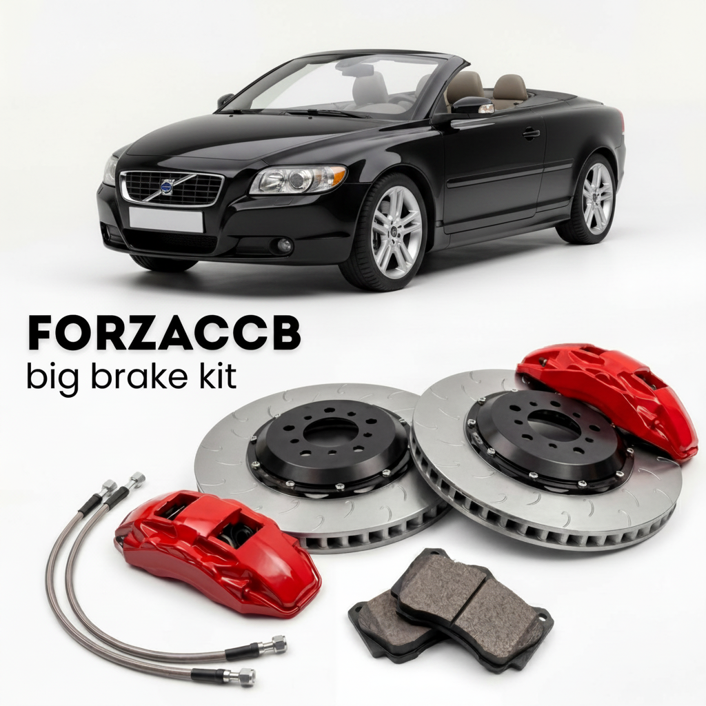 Black Volvo C70 Convertible (2005-2005) shown above a ForzaCCB iron rotor big brake kit with 2x red 6-piston front calipers, 2x two-piece floating ventilated brake discs 380 mm, set of brake pads, and brake lines.