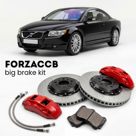 Black Volvo C70 Coupe Cabrio II (2005-2009) shown above a ForzaCCB iron rotor big brake kit with 2x red 6-piston front calipers, 2x two-piece floating ventilated brake discs 380 mm, set of brake pads, and brake lines.