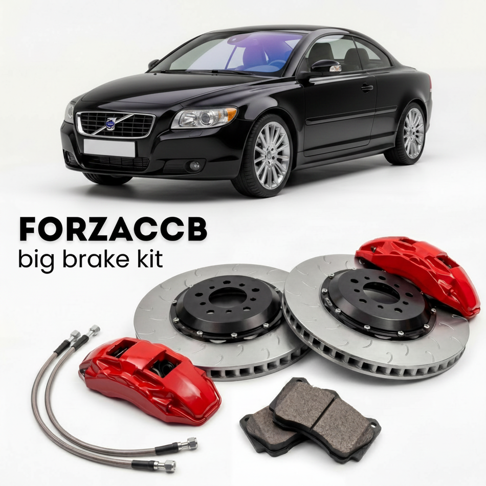 Black Volvo C70 Coupe Cabrio II (2005-2009) shown above a ForzaCCB iron rotor big brake kit with 2x red 6-piston front calipers, 2x two-piece floating ventilated brake discs 380 mm, set of brake pads, and brake lines.