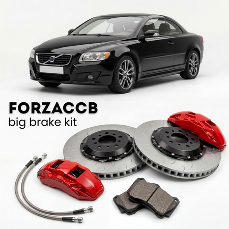 Black Volvo C70 facelift 2009) (2009-2013 (Coupe Cabrio II) shown above a ForzaCCB iron rotor big brake kit with 2x red 6-piston front calipers, 2x two-piece floating ventilated brake discs 380 mm, set of brake pads, and brake lines.