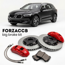 Black Volvo EX60 (2026+) shown above a ForzaCCB iron rotor big brake kit with 2x red 6-piston front calipers, 2x two-piece floating ventilated brake discs 380 mm, set of brake pads, and brake lines.