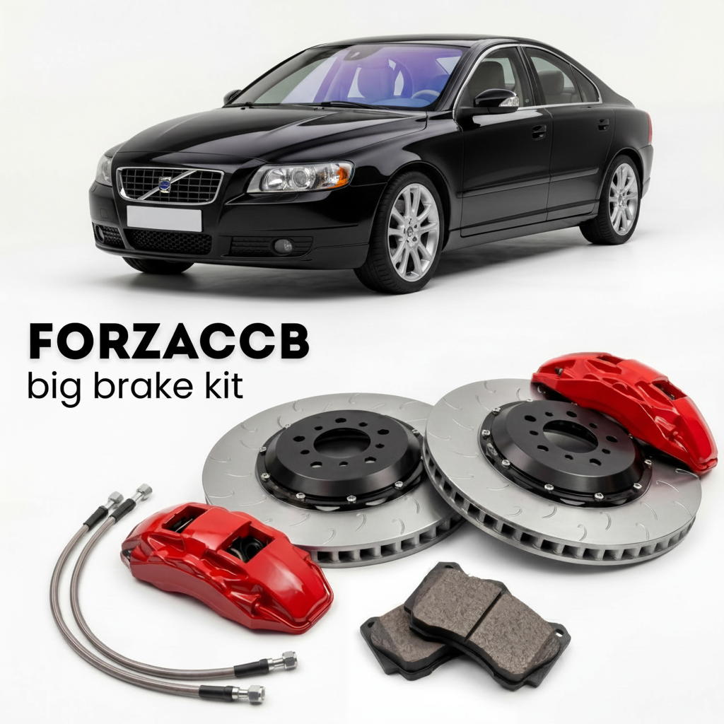 Black Volvo S60 (2005-2009) shown above a ForzaCCB iron rotor big brake kit with 2x red 6-piston front calipers, 2x two-piece floating ventilated brake discs 380 mm, set of brake pads, and brake lines.