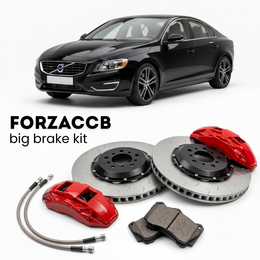 Black Volvo S60 II (2010-2013) shown above a ForzaCCB iron rotor big brake kit with 2x red 6-piston front calipers, 2x two-piece floating ventilated brake discs 380 mm, set of brake pads, and brake lines.