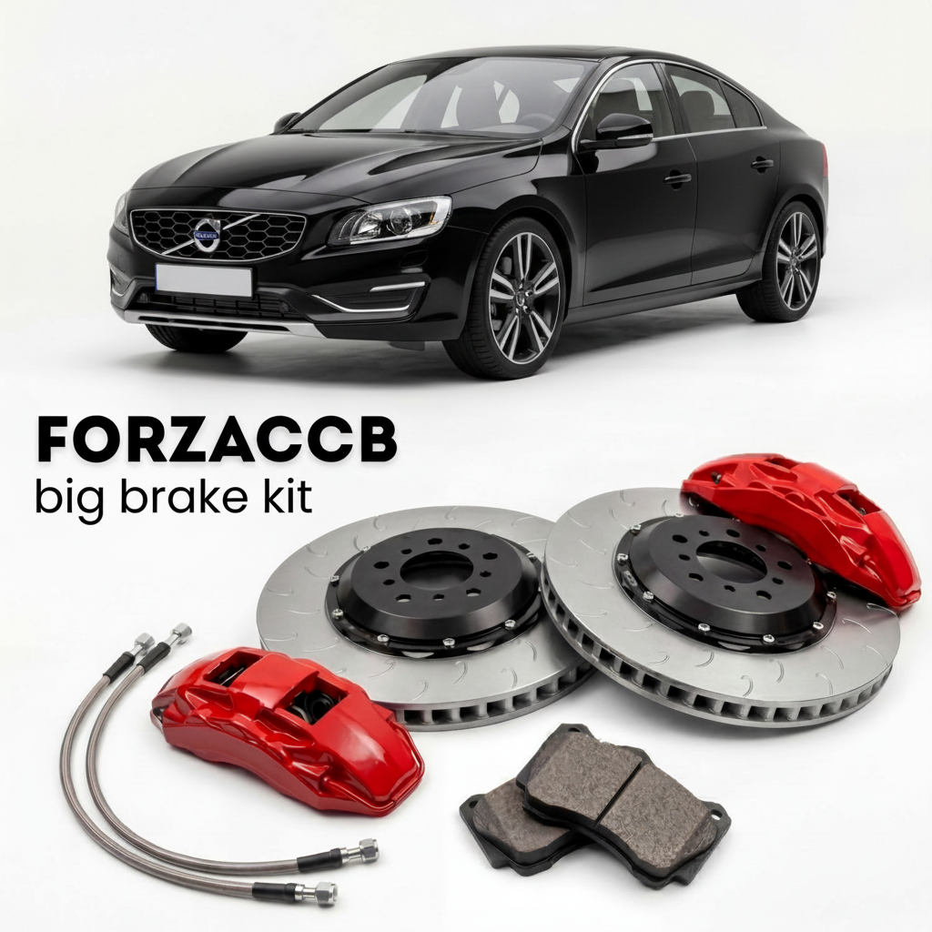 Black Volvo S60 II Cross Country (2015-2018) shown above a ForzaCCB iron rotor big brake kit with 2x red 6-piston front calipers, 2x two-piece floating ventilated brake discs 380 mm, set of brake pads, and brake lines.