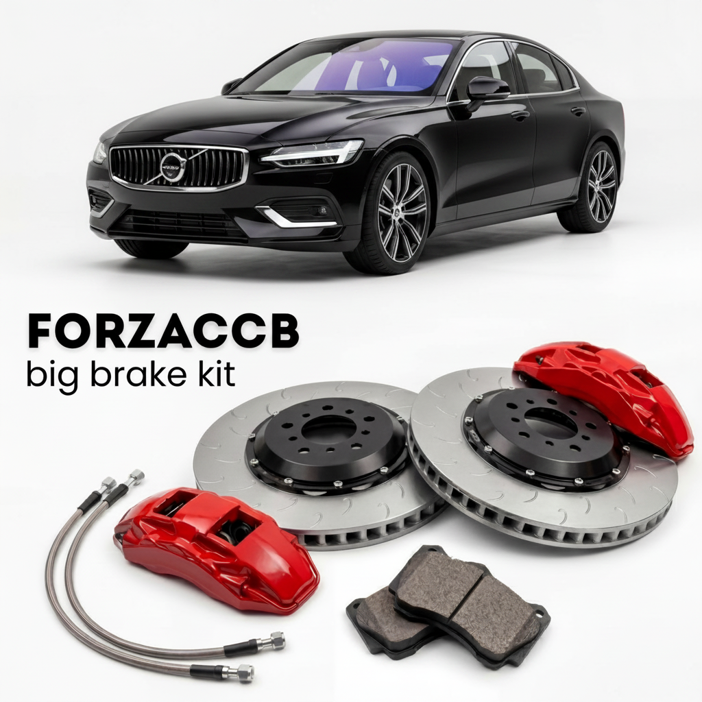 Black Volvo S60 III (2018+) shown above a ForzaCCB iron rotor big brake kit with 2x red 6-piston front calipers, 2x two-piece floating ventilated brake discs 380 mm, set of brake pads, and brake lines.