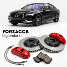 Black Volvo S60 III (2018+) shown above a ForzaCCB iron rotor big brake kit with 2x red 6-piston front calipers, 2x two-piece floating ventilated brake discs 380 mm, set of brake pads, and brake lines.