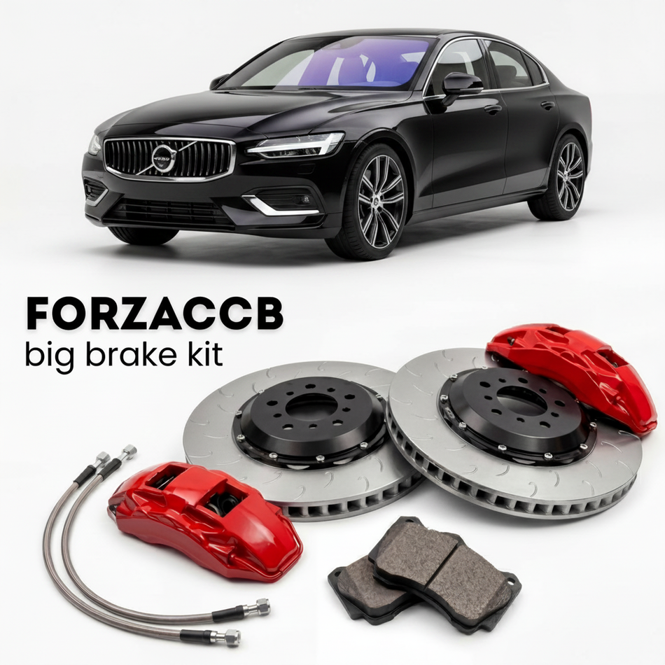 Black Volvo S60 III (2018+) shown above a ForzaCCB iron rotor big brake kit with 2x red 6-piston front calipers, 2x two-piece floating ventilated brake discs 380 mm, set of brake pads, and brake lines.