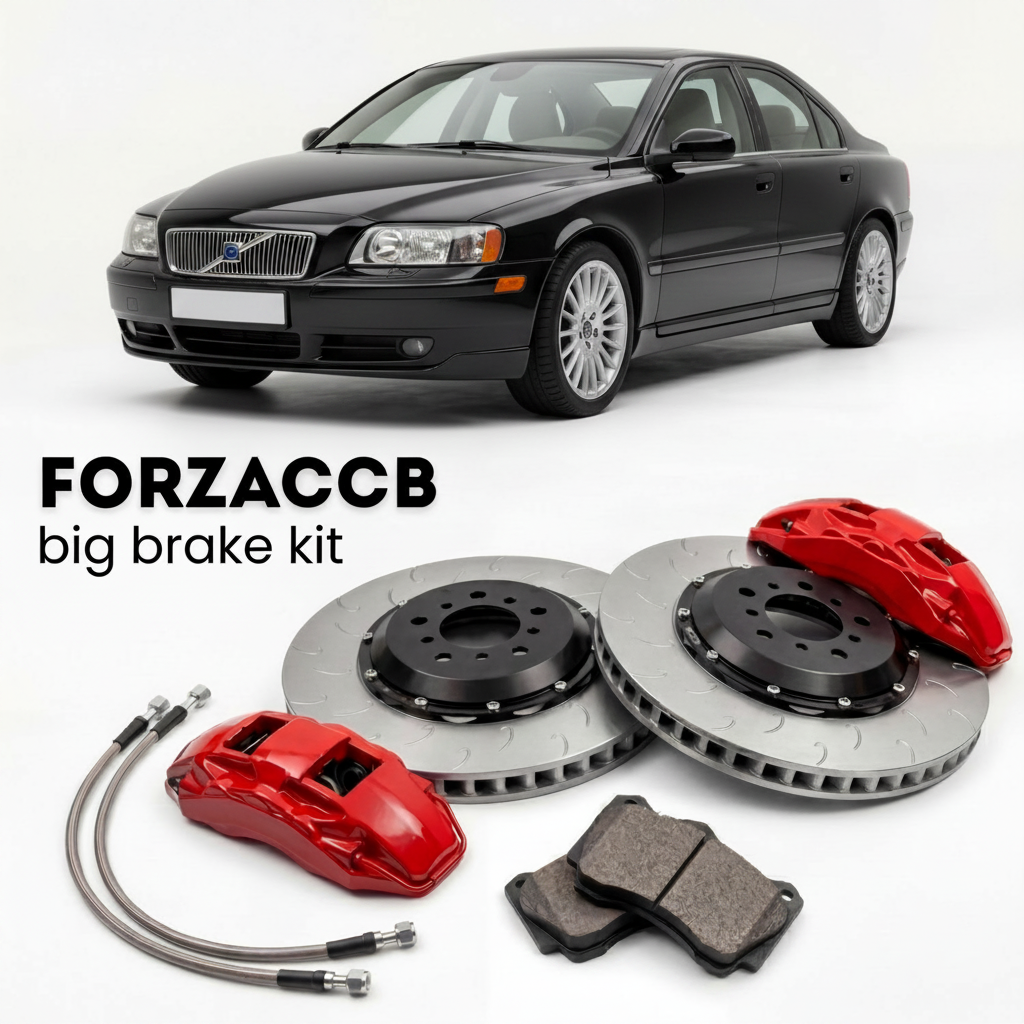 Black Volvo S80 facelift 2003 (2005-2006) shown above a ForzaCCB iron rotor big brake kit with 2x red 6-piston front calipers, 2x two-piece floating ventilated brake discs 380 mm, set of brake pads, and brake lines.