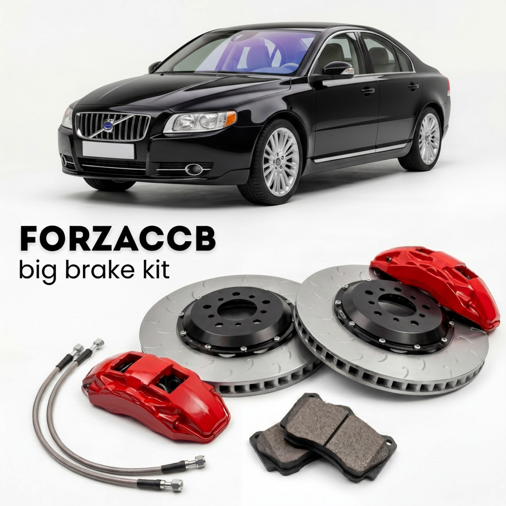 Black Volvo S80 II (2006-2009) shown above a ForzaCCB iron rotor big brake kit with 2x red 6-piston front calipers, 2x two-piece floating ventilated brake discs 380 mm, set of brake pads, and brake lines.