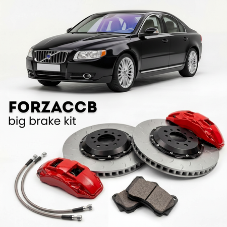 Black Volvo S80 II (2006-2009) shown above a ForzaCCB iron rotor big brake kit with 2x red 6-piston front calipers, 2x two-piece floating ventilated brake discs 380 mm, set of brake pads, and brake lines.