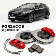 Black Volvo V40 2012 (2012-2016) shown above a ForzaCCB iron rotor big brake kit with 2x red 6-piston front calipers, 2x two-piece floating ventilated brake discs 380 mm, set of brake pads, and brake lines.