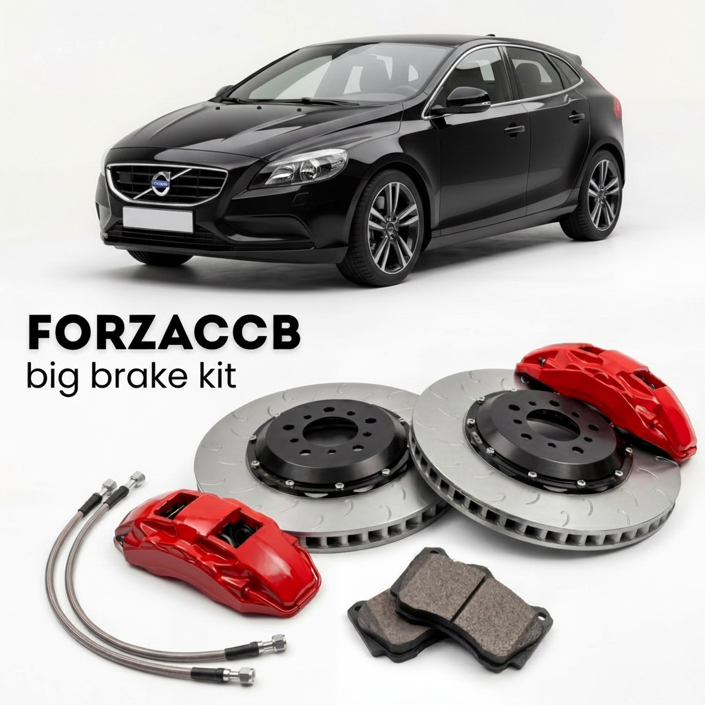Black Volvo V40 2012 (2012-2016) shown above a ForzaCCB iron rotor big brake kit with 2x red 6-piston front calipers, 2x two-piece floating ventilated brake discs 380 mm, set of brake pads, and brake lines.