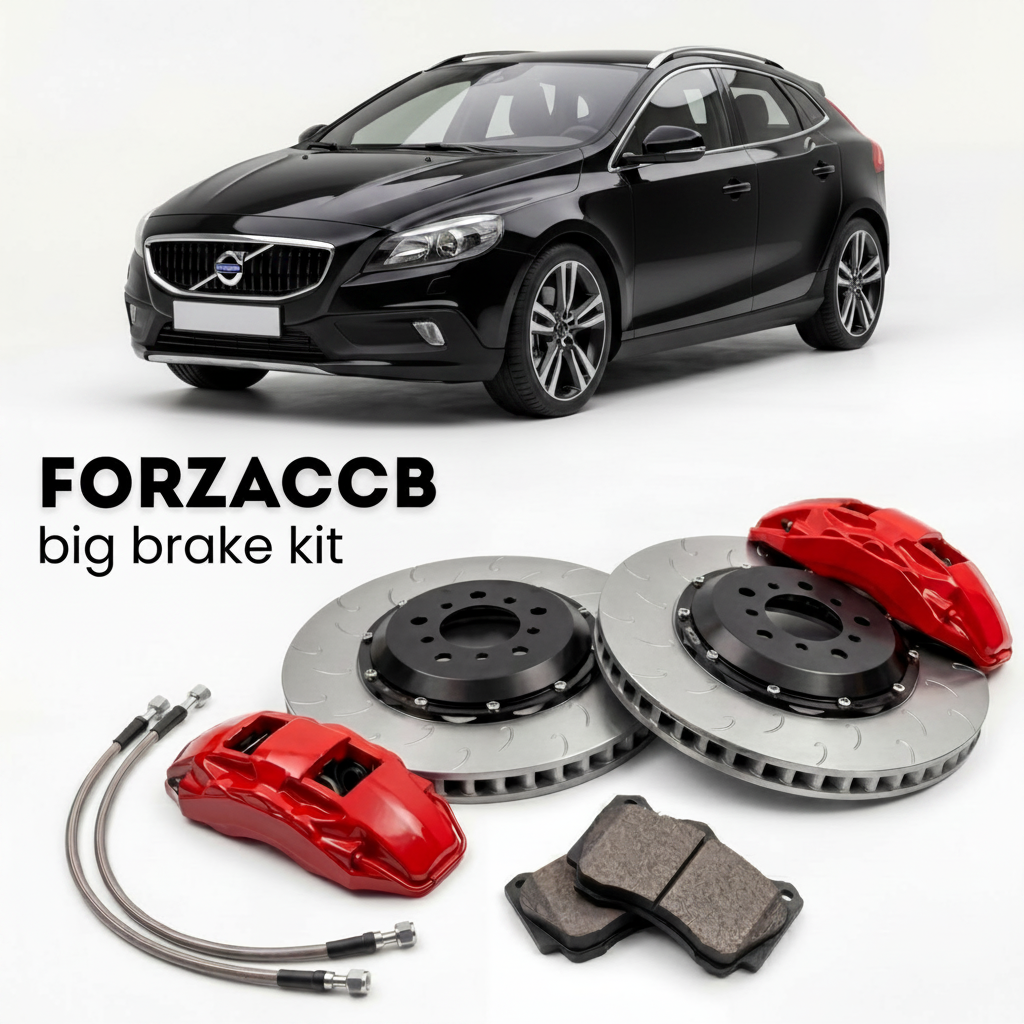 Black Volvo V40 Cross Country (2013-2016) shown above a ForzaCCB iron rotor big brake kit with 2x red 6-piston front calipers, 2x two-piece floating ventilated brake discs 380 mm, set of brake pads, and brake lines.