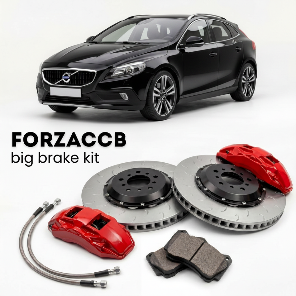 Black Volvo V40 Cross Country (2013-2016) shown above a ForzaCCB iron rotor big brake kit with 2x red 6-piston front calipers, 2x two-piece floating ventilated brake discs 380 mm, set of brake pads, and brake lines.