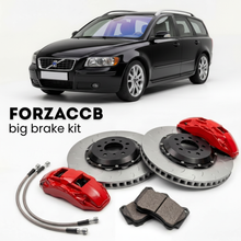 Black Volvo V50 (2005-2007) shown above a ForzaCCB iron rotor big brake kit with 2x red 6-piston front calipers, 2x two-piece floating ventilated brake discs 380 mm, set of brake pads, and brake lines.