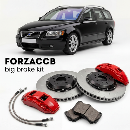 Black Volvo V50 (2005-2007) shown above a ForzaCCB iron rotor big brake kit with 2x red 6-piston front calipers, 2x two-piece floating ventilated brake discs 380 mm, set of brake pads, and brake lines.