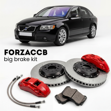 Black Volvo V50 facelift 2007 (2007-2012) shown above a ForzaCCB iron rotor big brake kit with 2x red 6-piston front calipers, 2x two-piece floating ventilated brake discs 380 mm, set of brake pads, and brake lines.