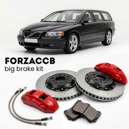 Black Volvo V70 facelift 2004) (2005-2007 (II) shown above a ForzaCCB iron rotor big brake kit with 2x red 6-piston front calipers, 2x two-piece floating ventilated brake discs 380 mm, set of brake pads, and brake lines.