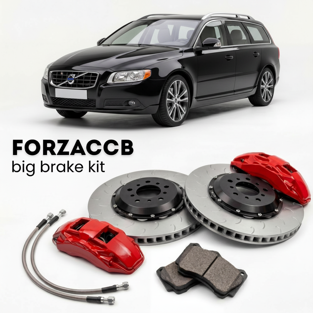 Black Volvo V70 facelift 2013) (2013-2016 (III) shown above a ForzaCCB iron rotor big brake kit with 2x red 6-piston front calipers, 2x two-piece floating ventilated brake discs 380 mm, set of brake pads, and brake lines.