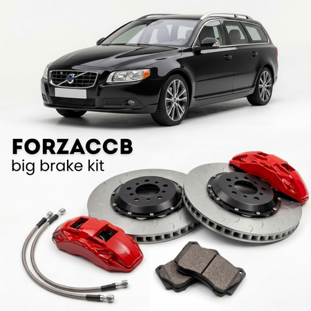 Black Volvo V70 facelift 2013) (2013-2016 (III) shown above a ForzaCCB iron rotor big brake kit with 2x red 6-piston front calipers, 2x two-piece floating ventilated brake discs 380 mm, set of brake pads, and brake lines.
