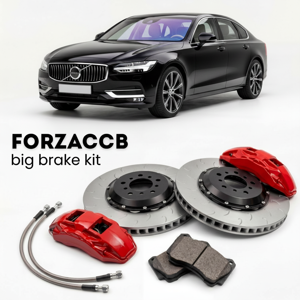 Black Volvo V90 facelift 2020 (2020+) shown above a ForzaCCB iron rotor big brake kit with 2x red 6-piston front calipers, 2x two-piece floating ventilated brake discs 380 mm, set of brake pads, and brake lines.