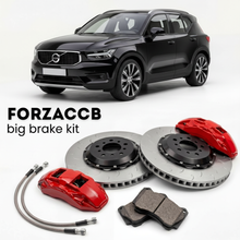 Black Volvo XC40 (2018-2022) shown above a ForzaCCB iron rotor big brake kit with 2x red 6-piston front calipers, 2x two-piece floating ventilated brake discs 380 mm, set of brake pads, and brake lines.