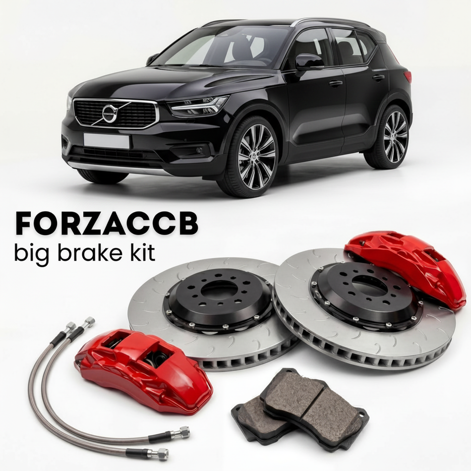 Black Volvo XC40 (2018-2022) shown above a ForzaCCB iron rotor big brake kit with 2x red 6-piston front calipers, 2x two-piece floating ventilated brake discs 380 mm, set of brake pads, and brake lines.