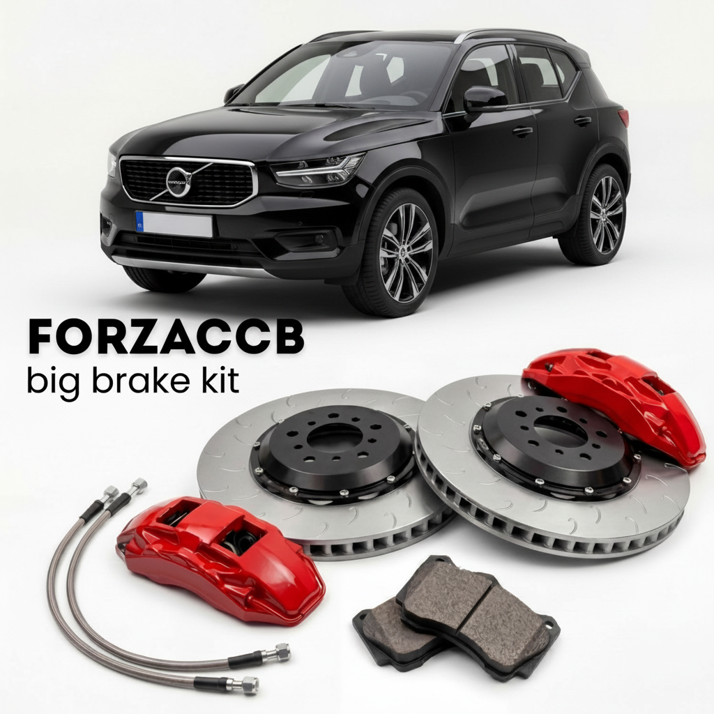 Black Volvo XC40 facelift 2022 (2022+) shown above a ForzaCCB iron rotor big brake kit with 2x red 6-piston front calipers, 2x two-piece floating ventilated brake discs 380 mm, set of brake pads, and brake lines.
