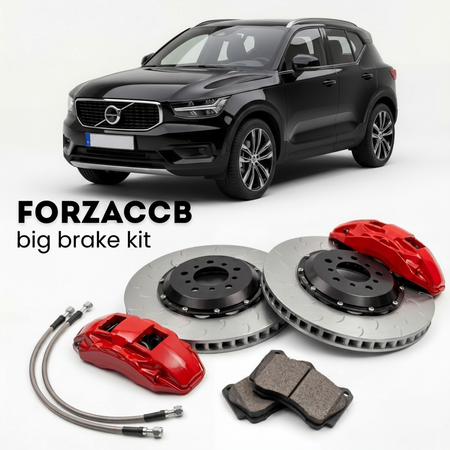 Black Volvo XC40 facelift 2022 (2022+) shown above a ForzaCCB iron rotor big brake kit with 2x red 6-piston front calipers, 2x two-piece floating ventilated brake discs 380 mm, set of brake pads, and brake lines.