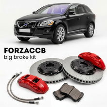 Black Volvo XC60 I (2008-2013) shown above a ForzaCCB iron rotor big brake kit with 2x red 6-piston front calipers, 2x two-piece floating ventilated brake discs 380 mm, set of brake pads, and brake lines.