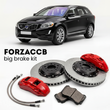 Black Volvo XC60 2013 facelift) (2013-2017 (I) shown above a ForzaCCB iron rotor big brake kit with 2x red 6-piston front calipers, 2x two-piece floating ventilated brake discs 380 mm, set of brake pads, and brake lines.