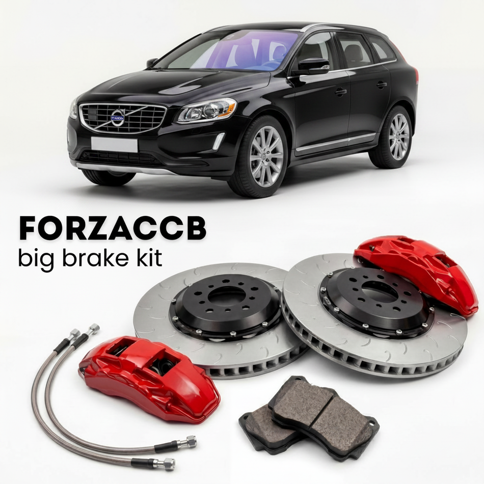Black Volvo XC60 2013 facelift) (2013-2017 (I) shown above a ForzaCCB iron rotor big brake kit with 2x red 6-piston front calipers, 2x two-piece floating ventilated brake discs 380 mm, set of brake pads, and brake lines.